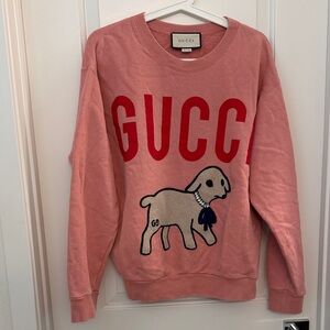 Gucci Coral Sweatshirt with Red Lettering and Lamb Motif
